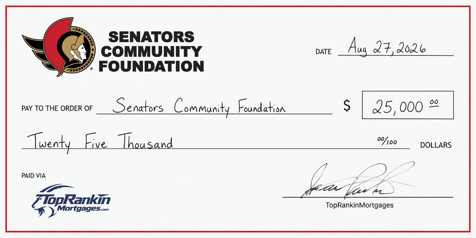 TopRankinMortgages Golf Tournament $25,000 donation to the Senators Community Foundation